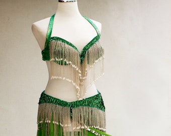 Sexy green belly dance suit, embroidered bellydance dress, skirt and bra oriental outfit, vintage women wear, Hand Beaded Belly Dance Samba