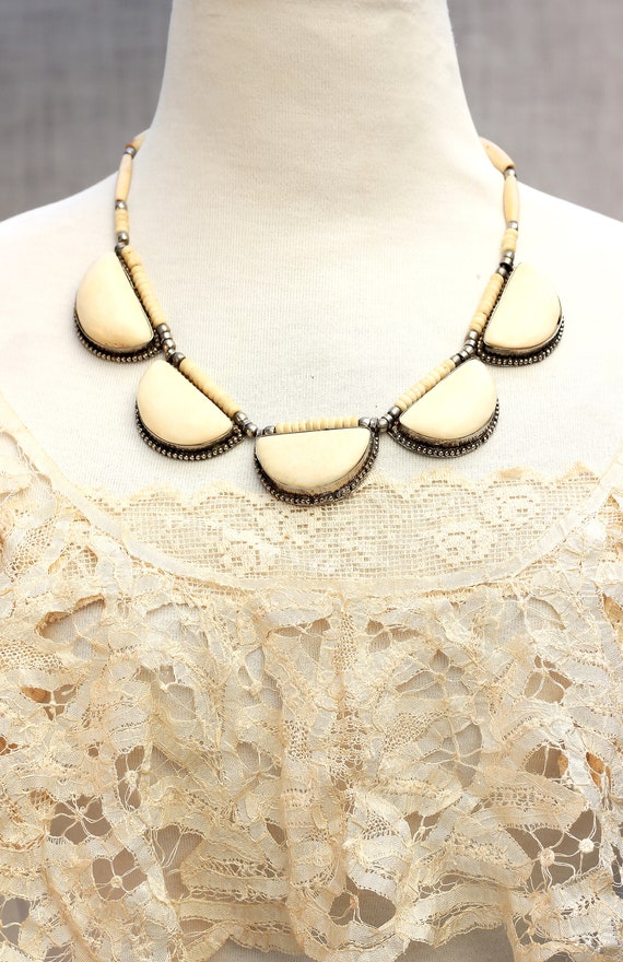 Chunky tribal, Tribal Ethnic Bone, Necklace in Cre