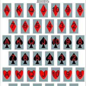 May include: A set of playing cards with the suits of hearts, diamonds, clubs, and spades. The cards are arranged in order from Ace to 2.