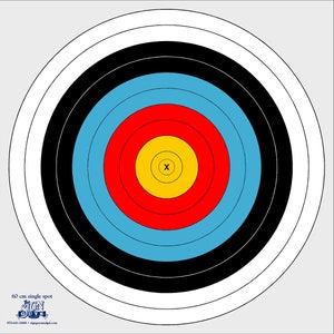 May include: A 60 cm archery target with a white outer ring, black ring, blue ring, red ring, yellow center, and a black X in the center. The target is labeled "60 cm single spot" and "The Target Guys".