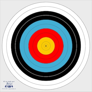 May include: A white archery target with black, blue, red, and yellow concentric circles. The center of the target has a yellow circle with a red ring around it. There is a black 'X' in the center of the yellow circle. The target is 80 cm in diameter. The text '80 cm single spot' is at the bottom left of the target. The text 'The Sign Guys' is at the bottom center of the target.