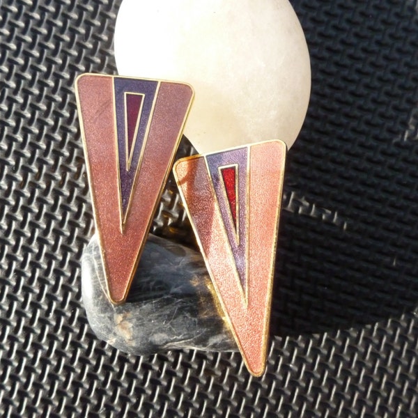 Roman Cloisonne Triangular Art Deco Inspired Clip Earrings from the 70's or 80's