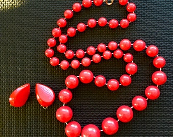 Vintage Ruby Red Necklace and Clip Earring Set