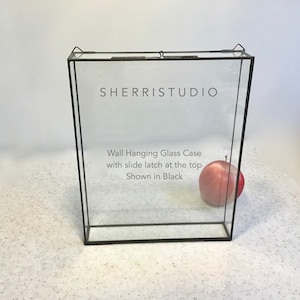 May include: A clear glass wall hanging case with a black metal frame. The case has a sliding latch at the top. The text "SHERRISTUDIO" is printed on the glass. A red apple is sitting in front of the case.