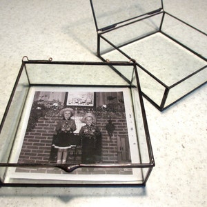 Multiple Sizes SQUARE Clear Glass Photo Display Box  - Hinged Top - Jewelry - Collections