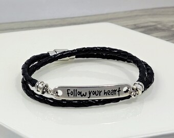 Follow your heart bracelet message bracelet braided leather wrap bracelet leather bracelet womens black leather bracelet RLB4-63-01