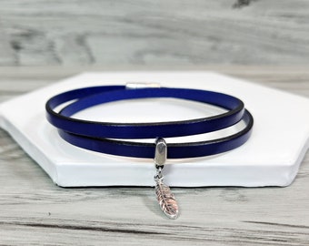 Feather bracelet womens leather bracelet blue bracelet wrap bracelet womens bracelet blue leather bracelet multi strand bracelet FLB5-62-03