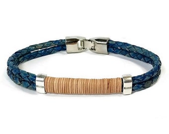 Braided leather bracelet double strand bracelet men's bracelet round leather bracelet blue leather bracelet snap clip clasp RLB4-41-03