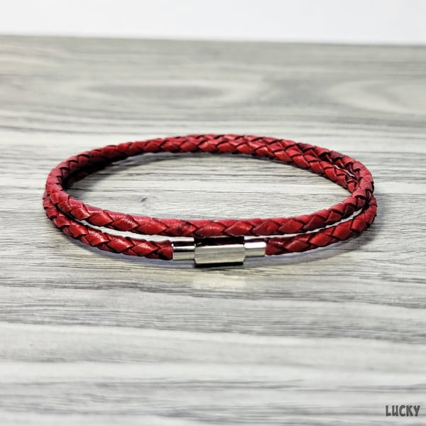 Leather wrap bracelet mens bracelet womens leather bracelet braided leather bracelet red bracelet stainless bracelet braided wrap RLB3-42-05