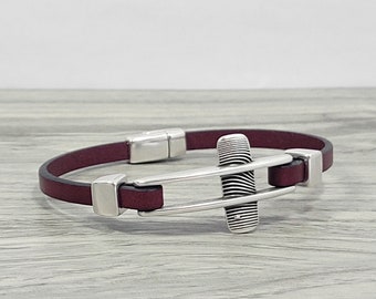 Cross leather bracelet flat leather bracelet burgundy leather bracelet delicate bracelet women bracelet women gift magnetic clasp FLB5-65-05