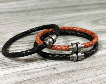 Leather bracelet stainless mens bracelet braided leather bracelet mens leather bracelet black leather bracelet magnetic clasp RLB5-70-01
