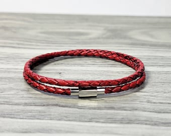 Leather wrap bracelet mens bracelet womens leather bracelet braided leather bracelet red bracelet stainless bracelet braided wrap RLB3-42-05