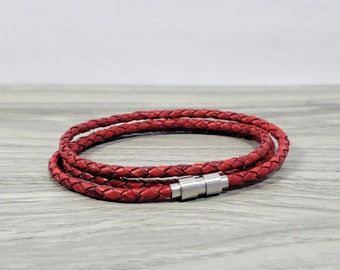 Leather wrap bracelet mens bracelet womens leather bracelet braided leather bracelet red bracelet stainless bracelet braided wrap RLB3-39-05