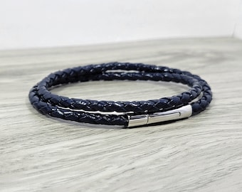 Wrap leather bracelet braided bracelet navy leather bracelet mens leather bracelet womens bracelet stainless clasp men gift RLB4-10-03