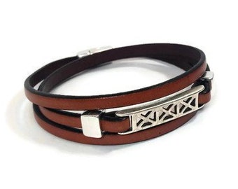 Womens leather bracelet flat leather bracelet tan bracelet wrap bracelet womens bracelet multi strand bracelet magnetic clasp FLB5-47-07