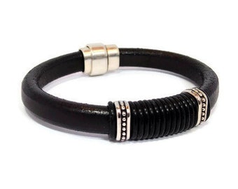 Mens leather bracelet black leather bracelet mens bracelet leather bangle licorice leather leather jewelry magnetic clasp LLB-68-01