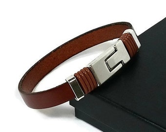 Leather bracelet mens bracelet brown leather bracelet mens leather bracelet flat leather bracelet gift for him magnetic clasp FLB10-55-07