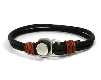 Items similar to Mens dark brown leather bracelet, Hook Clasp leather ...