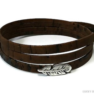 Feather bracelet Portuguese cork bracelet wrap bracelet womens bracelet brown bracelet cork bracelet flat cork magnetic clasp FCB5-01-02