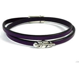 Feather bracelet women leather bracelet purple leather bracelet wrap bracelet womens bracelet multistrand bracelet magnetic clasp FLB5-46-11