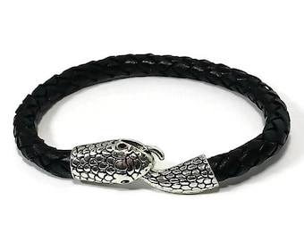 Snake bracelet Ouroboros bracelet reptile bracelet braided leather bracelet black bracelet reptile jewelry hook bracelet RLB5-29-01