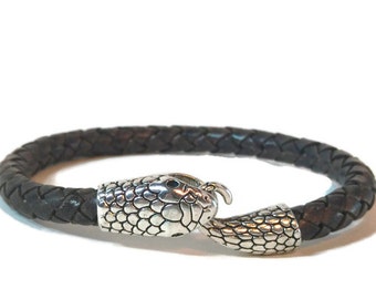 Ouroboros bracelet snake bracelet reptile bracelet braided leather bracelet brown bracelet reptile jewelry hook bracelet RLB5-29-02