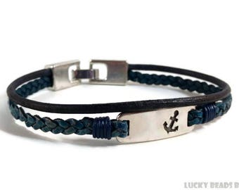 Nautical bracelet anchor bracelet womens leather bracelet mens leather bracelet blue bracelet multistrand bracelet clip clasp RLBM-19-03