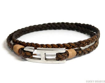 Men's leather bracelet flat leather brown bracelet braided leather bracelet men bracelet mens jewelry hook bracelet  mens gift FLB5-38-02