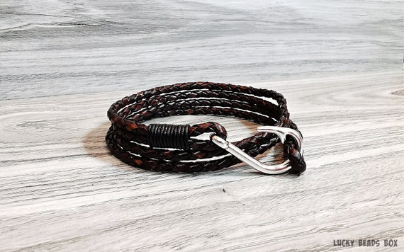 Fishhook Bracelet Nautical Bracelet Men's Leather Bracelet Braided Leather Bracelet Men Bracelet Hook Bracelet Wrap Bracelet RLB4-50-02