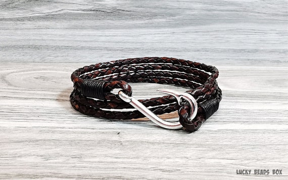 Fishhook Bracelet Nautical Bracelet Men's Leather Bracelet Braided Leather  Bracelet Men Bracelet Hook Bracelet Wrap Bracelet RLB4-50-02 