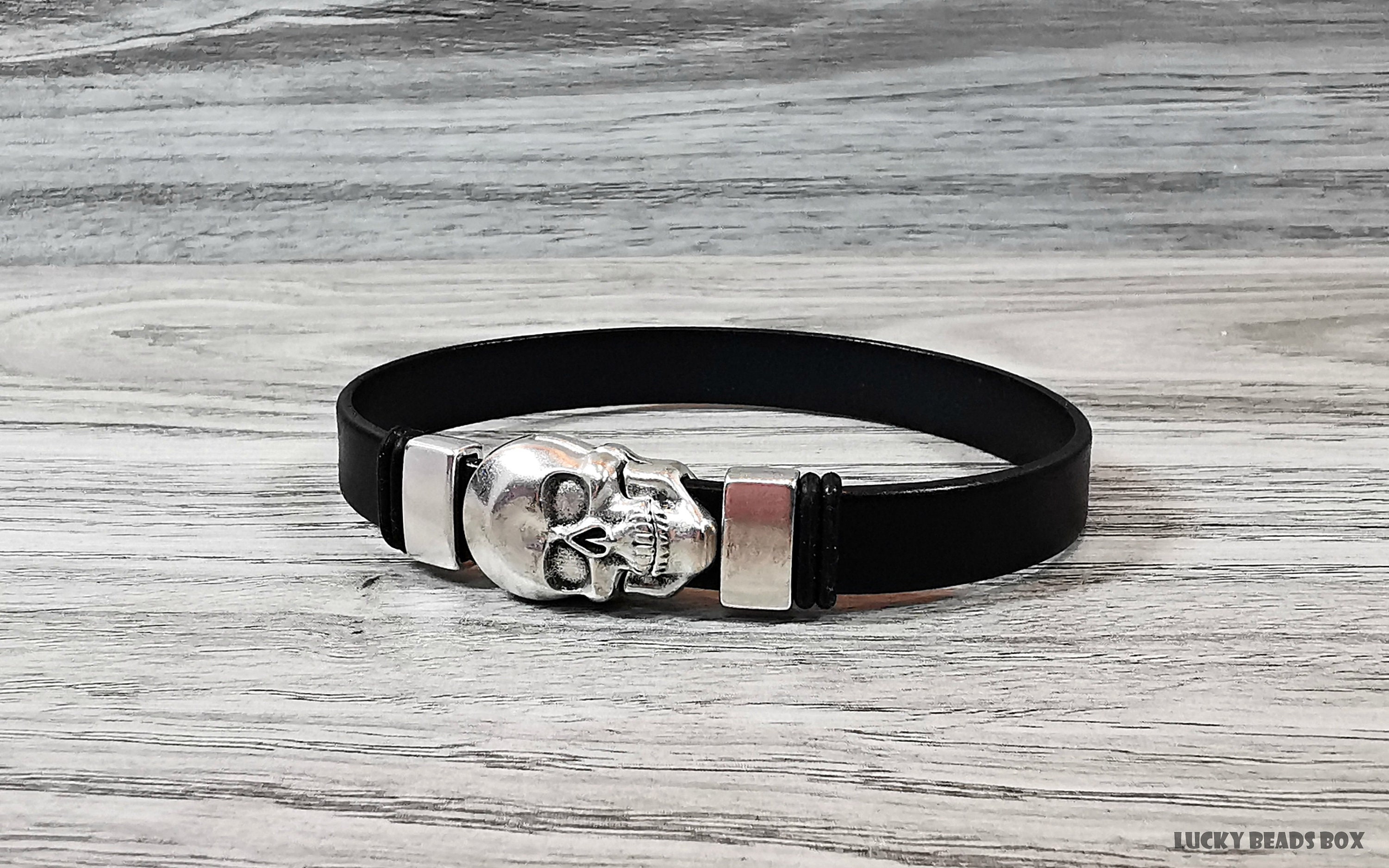 Skull Leather Bracelet Mens Bracelet Black Leather Bracelet Etsy UK