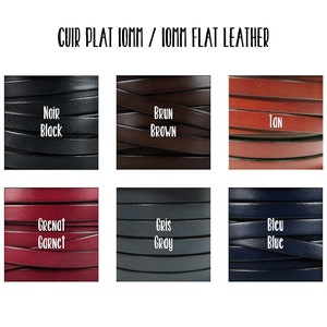 May include: Six samples of 10mm flat leather in different colors: black, brown, tan, garnet, gray, and blue. The leather is arranged in rows of three.
