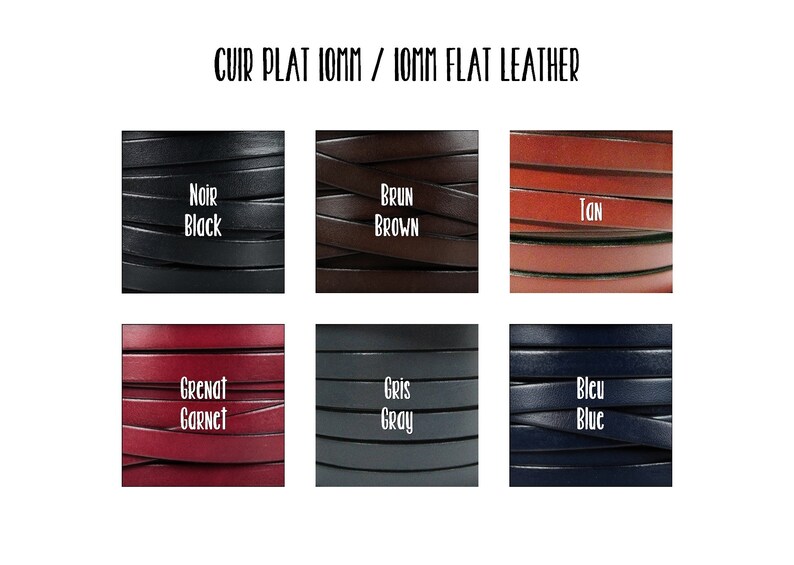May include: Six samples of 10mm flat leather in different colors: black, brown, tan, garnet, gray, and blue. The leather is arranged in rows of three.
