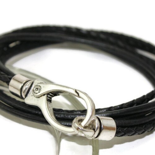 Wrap leather bracelet braided bracelet mens leather bracelet black leather bracelet double strand bracelet lobster clasp  RLBM-12-01