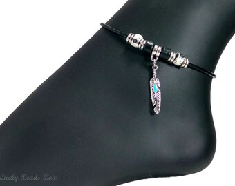 Black leather anklet women ankle bracelet womens leather anklet black anklet ankle bracelet feather anklet foot jewelry  RLA-21-01