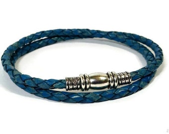 Wrap leather bracelet blue braided leather bracelet mens leather bracelet mens gift multi strands bracelet magnetic clasp RLB4-40-03