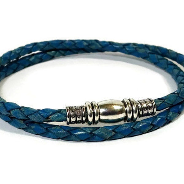 Wrap leather bracelet blue braided leather bracelet mens leather bracelet mens gift multi strands bracelet magnetic clasp RLB4-40-03