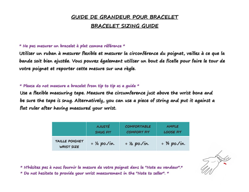 Puede incluir: Una gu&iacute;a para medir el tama&ntilde;o de las pulseras. La tabla muestra c&oacute;mo medir tu mu&ntilde;eca y agregar 1,27 cm para un ajuste c&oacute;modo, 0,63 cm para un ajuste ce&ntilde;ido o 1,9 cm para un ajuste holgado. El texto dice "Guide de grandeur pour bracelet" y "Bracelet sizing guide".