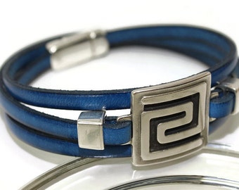 Women's leather bracelet flat leather bracelet wrap bracelet blue bracelet women bracelet multistrand bracelet magnetic clasp FLB5-04-12