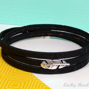 Feather bracelet Portuguese cork bracelet wrap bracelet womens bracelet black bracelet cork bracelet flat cork magnetic clasp FCB5-01-01