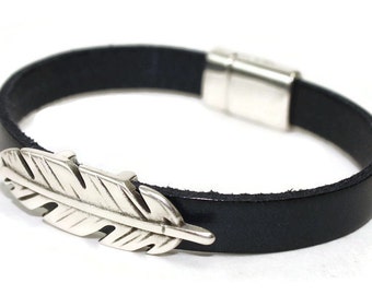 Feather bracelet womens leather bracelet womens bracelet navy blue flat leather blue leather bracelet magnetic clasp FLB10-03-03