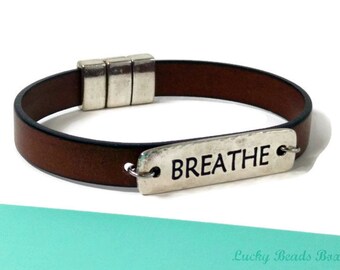 Breathe leather bracelet mens leather bracelet message bracelet brown leather bracelet women leather bracelet magnetic clasp FLB10-06-07