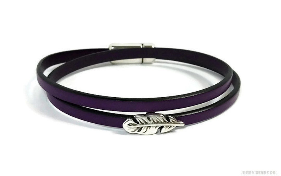 Feather Bracelet Women Leather Bracelet Purple Leather