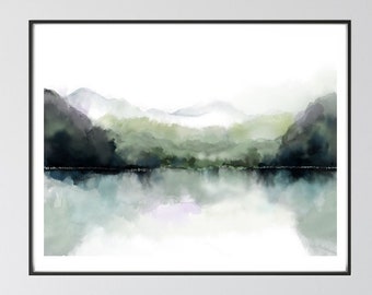 Moody Nature Landscape, Forest Lake Watercolor Painting, Mountain Art Print, Nordic Decor, Zen Wall Art, Abstract Panorama Fine Art Painting