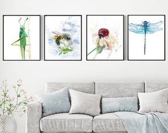 Insect Wall Art Prints, Insect Wall Decor, Multi Panel Insect Illustrations, Gallery Wall Set Of 4 Prints, Dragonfly Bee Grasshopper Ladybug