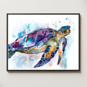 Sea Turtle Watercolor, Ocean Turtle Wall Art, Sea Turtle Bathroom Decor, Turtle Canvas, Ocean Art, Sea Turtle Art Painting, Nautical Turtle image 1