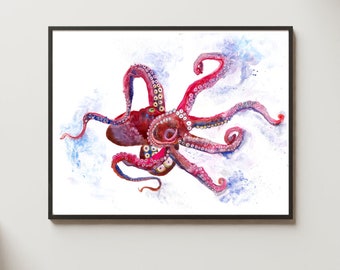 Octopus Watercolor, Octopus Art, Ocean Animals, Nursery Wall Decor, Watercolor Octopus Painting, Octopus Canvas Wall Art, Sea Life Painting