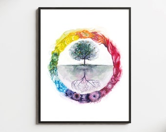 Tree of life wall art vibrant painting - Chakra poster in rainbow watercolors - Sacred meditation wall art decor