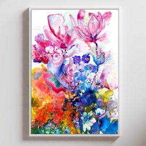 Vibrant Magnolia art, Colorful Flowers wall Art, Surreal Art Print, Funky Wall Art, Yoga Studio Decor, Rose of Venus, Spiritual Wall Art image 1