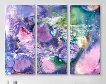 Psychedelic Art, Multi Panel Wall Art, Purple Art For Wall, Set Of 3 Galaxy Canvas Paintings, Abstract Visionary Art Set, Watercolor Artwork